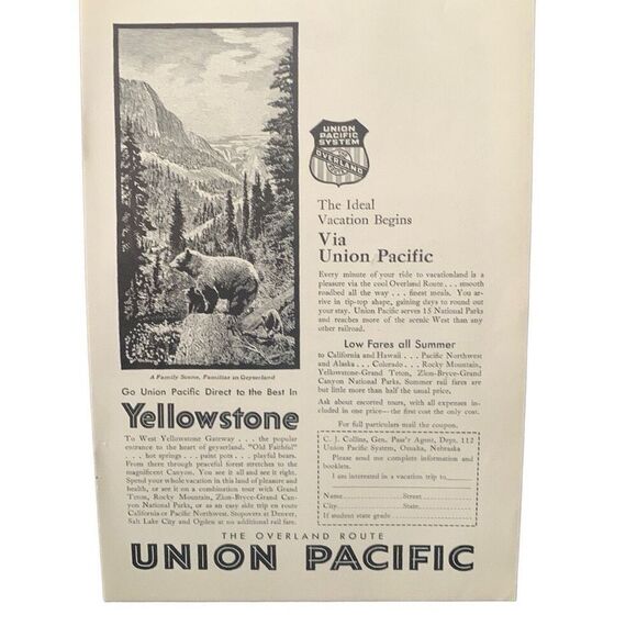 Vintage 1930 Union Pacific Rail Yellowstone Ad Advertisement - Picture 3 of 5